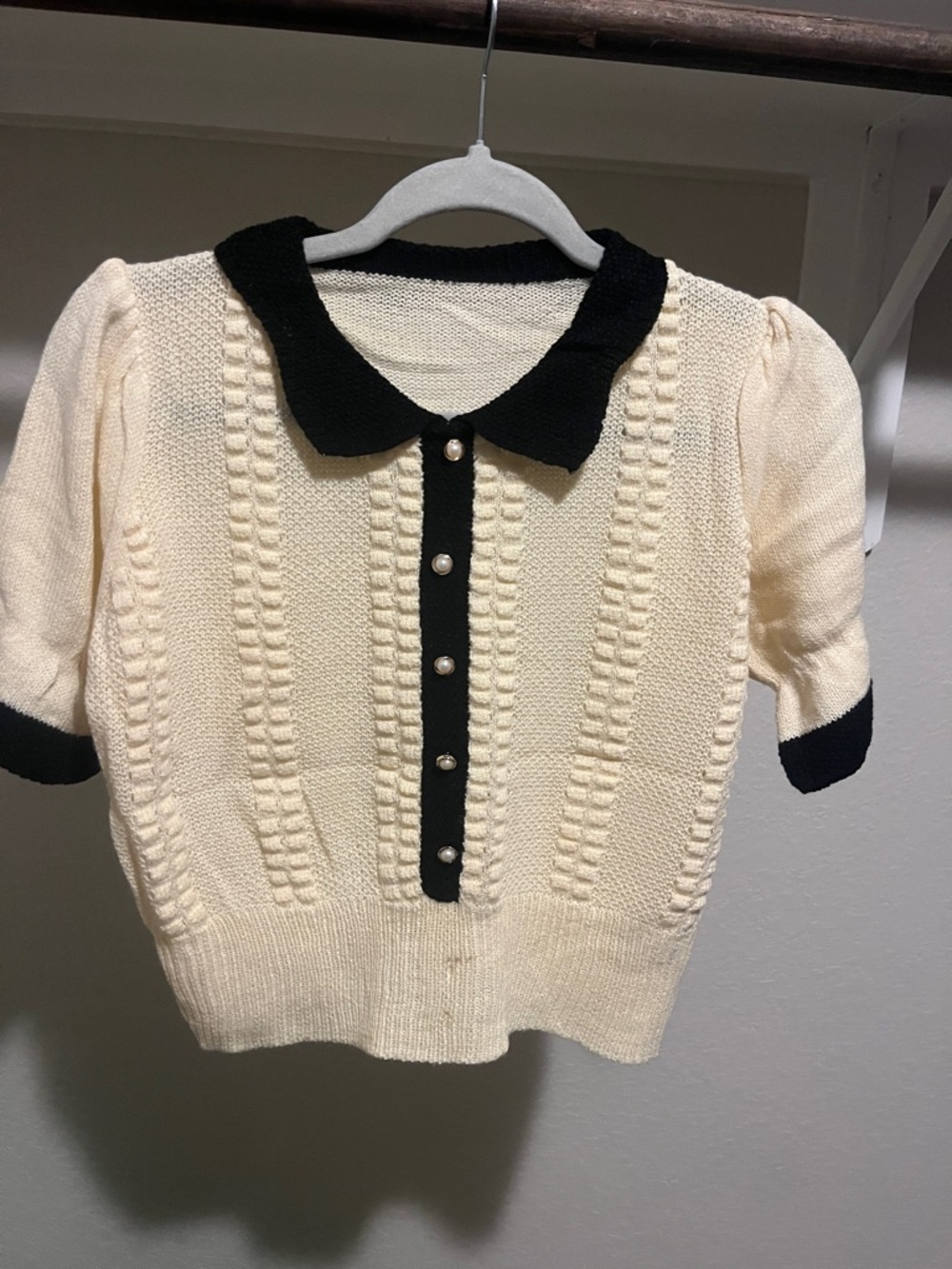 Cream Short Sleeve Knit Polo Top with Black Trim